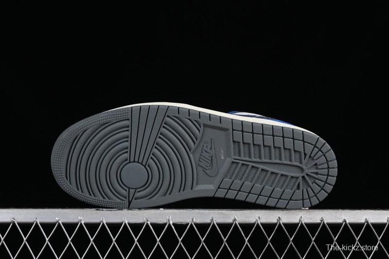 Nike Air Jordan 1 Low Flight Vintage Casual Sneakers with Distressed White-Blue Design - FV8439-104