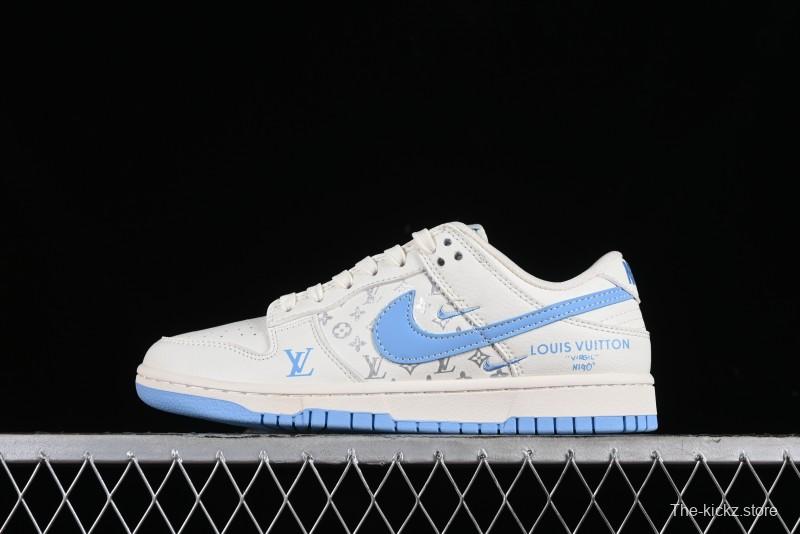 Nike SB Dunk Low LV Collaboration - Beige Blue Double Swoosh Print Anniversary Custom Low-Top Casual Sneakers - CF3688-005