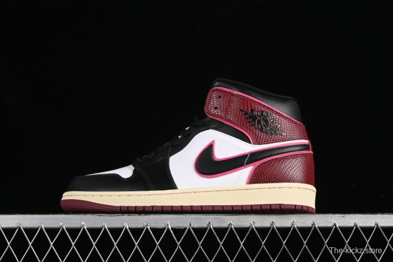 Nike Air Jordan 1 Mid AJ1 Snake Print Black Red Toe Mid-Top Basketball Shoes - FQ7818-101