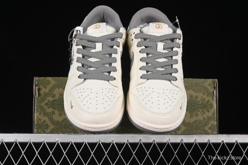 Nike SB Dunk Low Gucci Collaboration Anniversary High-End Custom Sneakers in Off-White & Dark Gray Swoosh - DQ1098-383