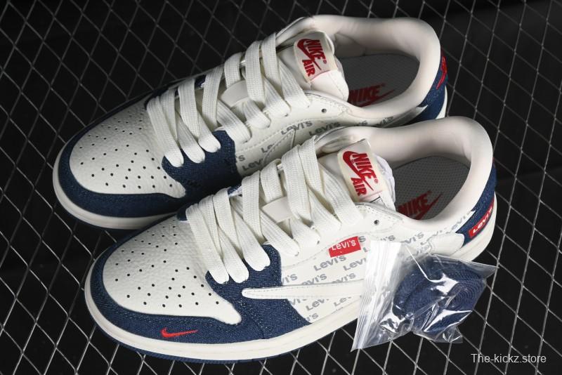 Nike Travis Scott x Fragment Design x Air Jordan 1 Low OG SP AJ1 Levi's Collaboration - White Blue Canvas Low Top Casual Sneakers - JH6088-605
