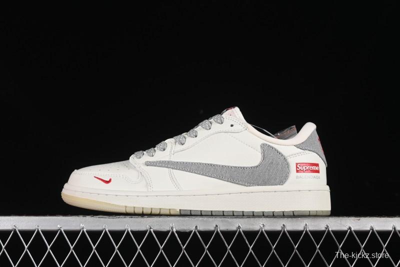 Nike Travis Scott x Fragment Design x Air Jordan 1 Low OG SP AJ1 Supreme Collaboration - Light Grey Denim Two-Tone Low-Top Casual Sneakers - JH6088-705