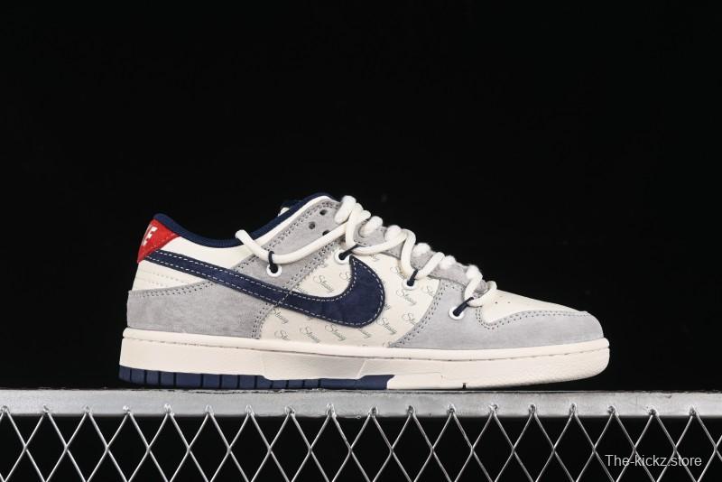 Nike SB Dunk Low Stussy Collaboration - Lace-Up Off White Navy Swoosh Anniversary High-End Custom Low-Top Casual Sneakers - SJ2068-308
