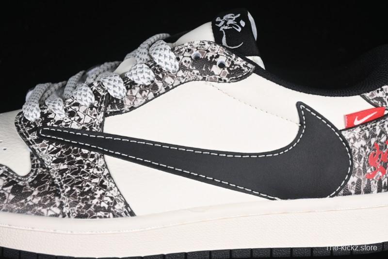 Nike Travis Scott x Fragment Design x Air Jordan 1 Low OG SP AJ1 Snake Year Limited Python Texture Low-top Casual Sneakers - SJ2068-144