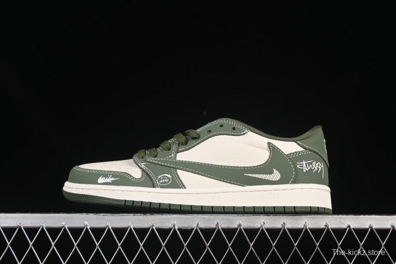 Nike Travis Scott x Fragment Design x Air Jordan 1 Low OG SP AJ1 Stussy Collaboration Oil Green Swoosh Low Top Casual Sneakers - XS2024-025