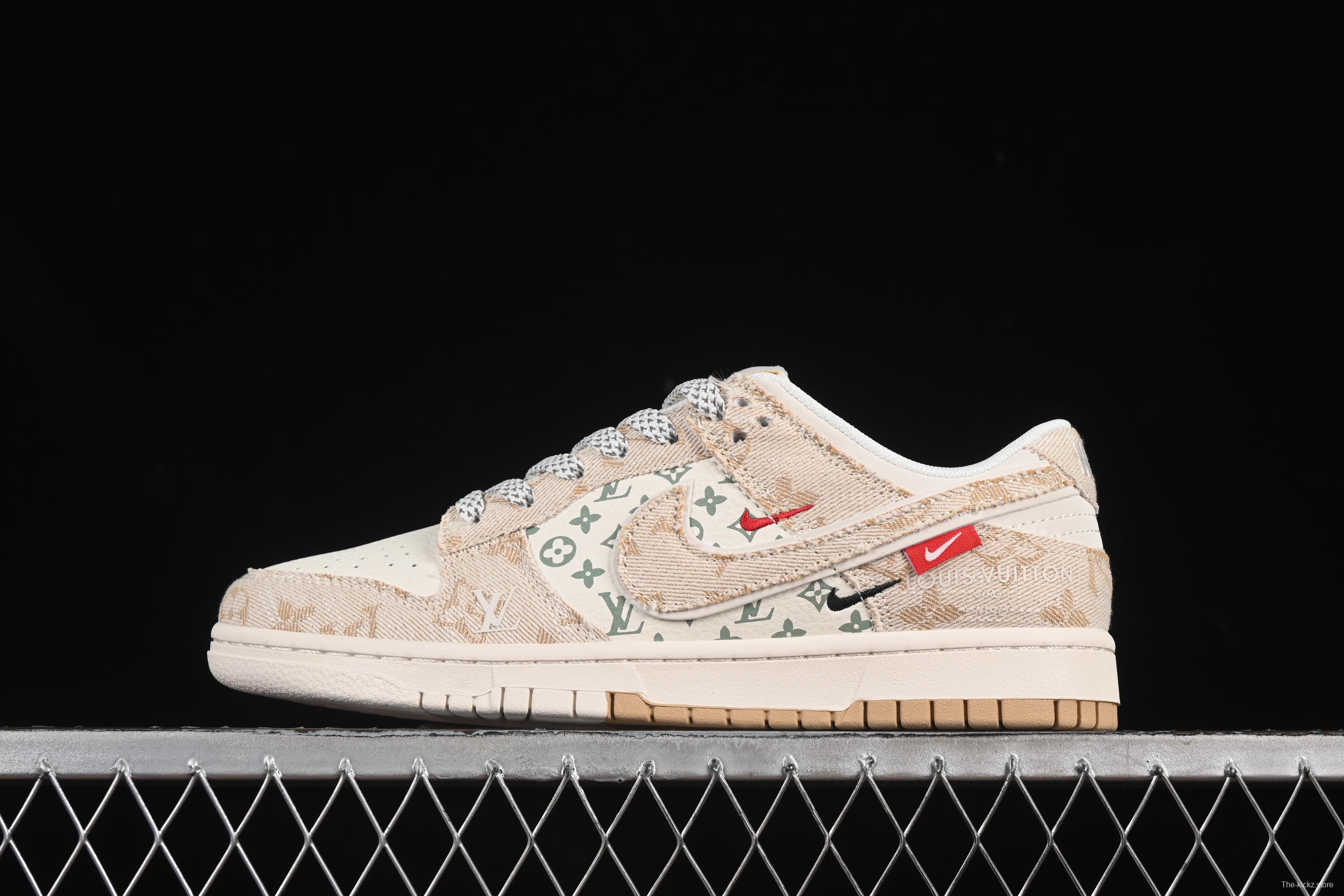 Nike SB Dunk Low LV Collaboration Woven Print Khaki Swoosh Anniversary High-End Custom Low-Top Casual Skate Shoes - YX5066-352