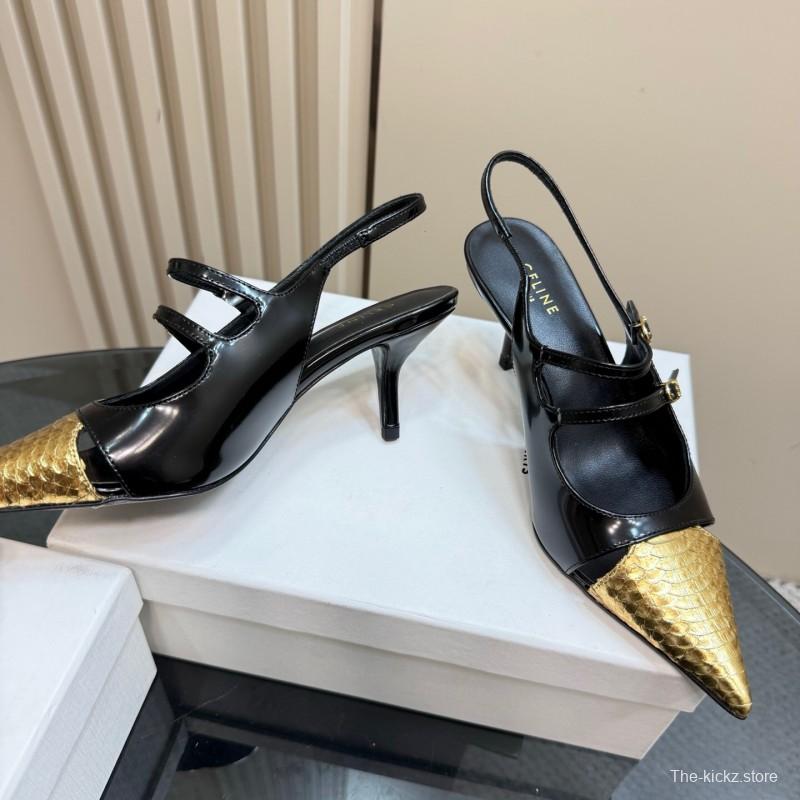 2025 Women CELIN* Black Gold Leather Pointed Toe Slingback Heels