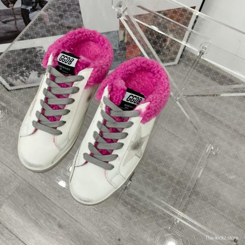 2025 Women GGDB White Pink Shearling Leather Sneakers