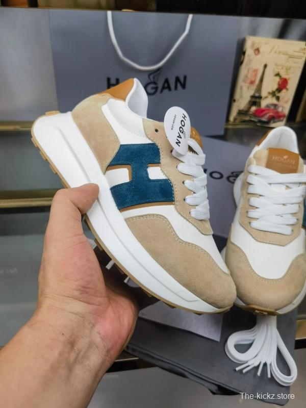 2025 Unisex HOGAN White Beige Blue Leather Suede Platform Sneakers H-STRIPES LY00360(F)/LY00370(M)