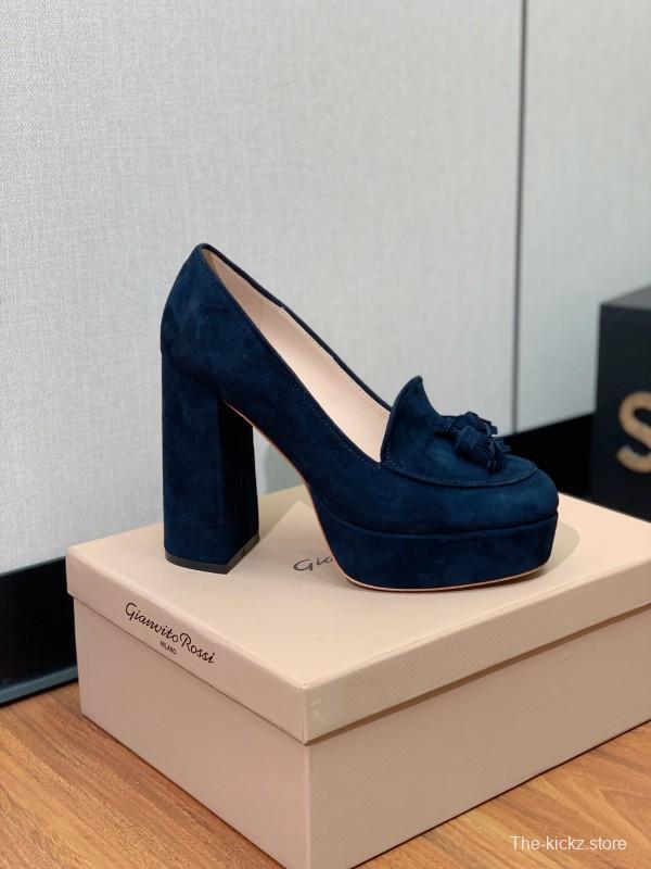 2025 Women Gianvito Rossi Navy Suede Platform Loafers KFY00330