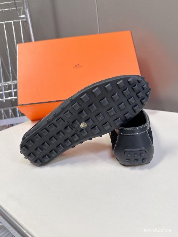 2025 Women Hermès Black Mesh Leather Trainers KFY00250