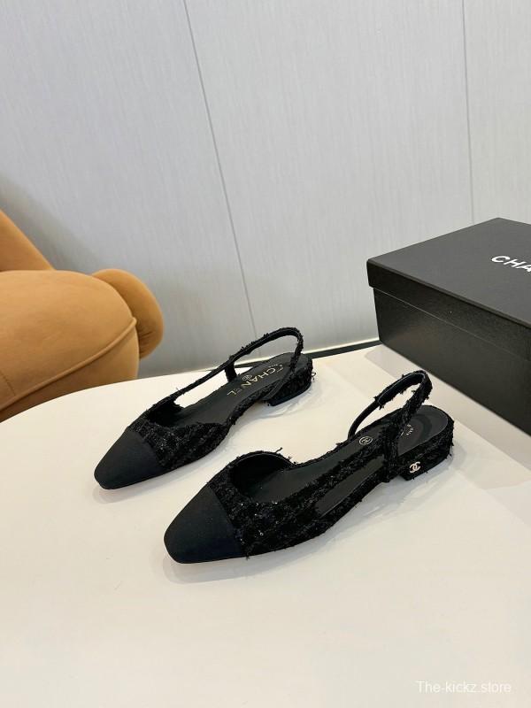 2025 Women Chanel Black Leather Tweed Ballet Flats LY00240