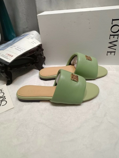 2025 Women Loewe Green Leather Slippers