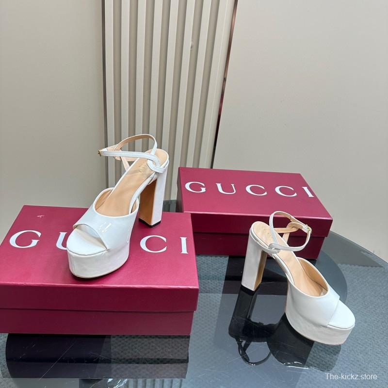 2025 Women Gucci White Leather Platform Sandals