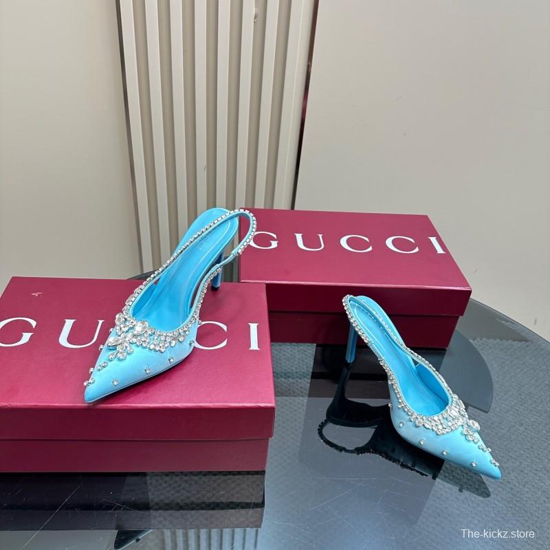 2025 Women Gucci Blue Silk Crystal Embellished Slingback High Heel KFY00340