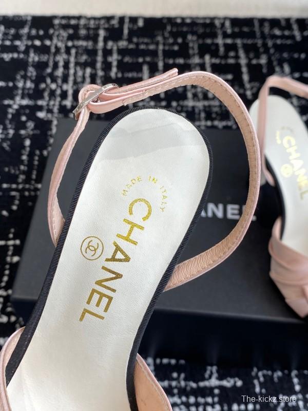 2025 Women Chanel Pink Black Satin Leather Slingback Heels KFY00289