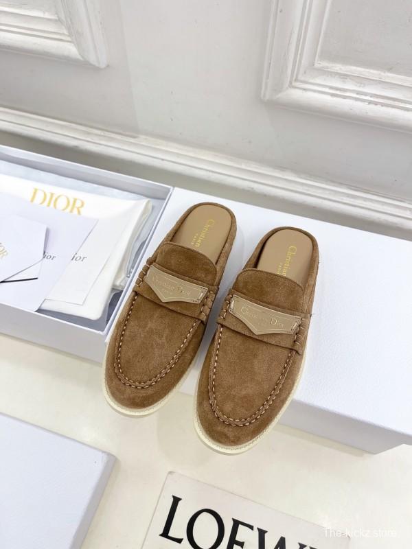 2025 Women Dior Brown Suede Mule Loafers Casual Handmade Slip-on LY00360(F)