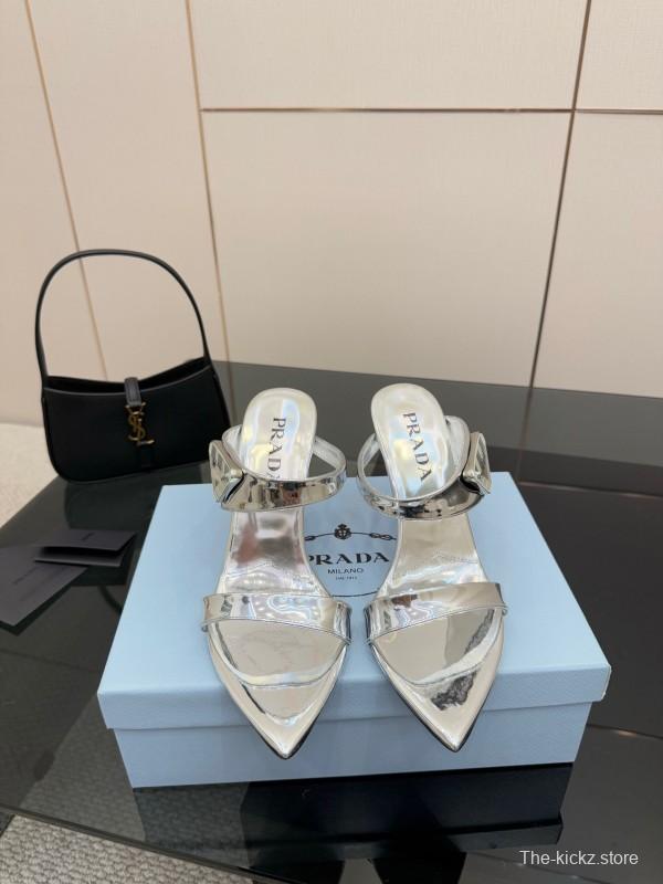 2025 Women Prada Silver Leather Pointed Toe Sandals