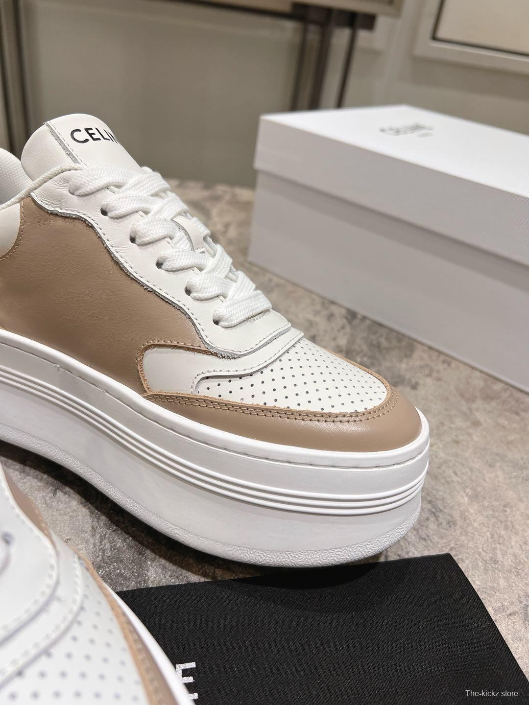 2025 Women Celine Beige White Leather Platform Sneakers