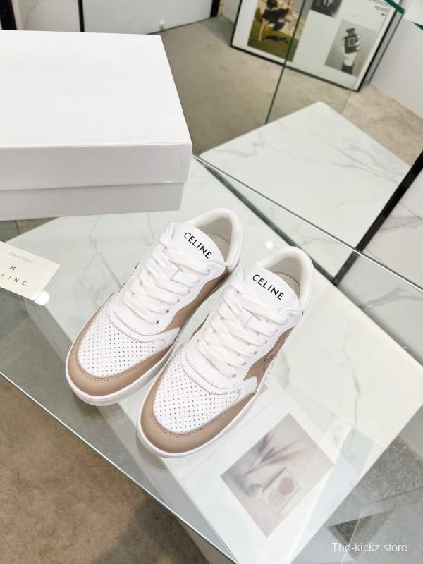 2025 Women Celine White Beige Leather Sneakers BLOCK TRIOMPHE KFY00260