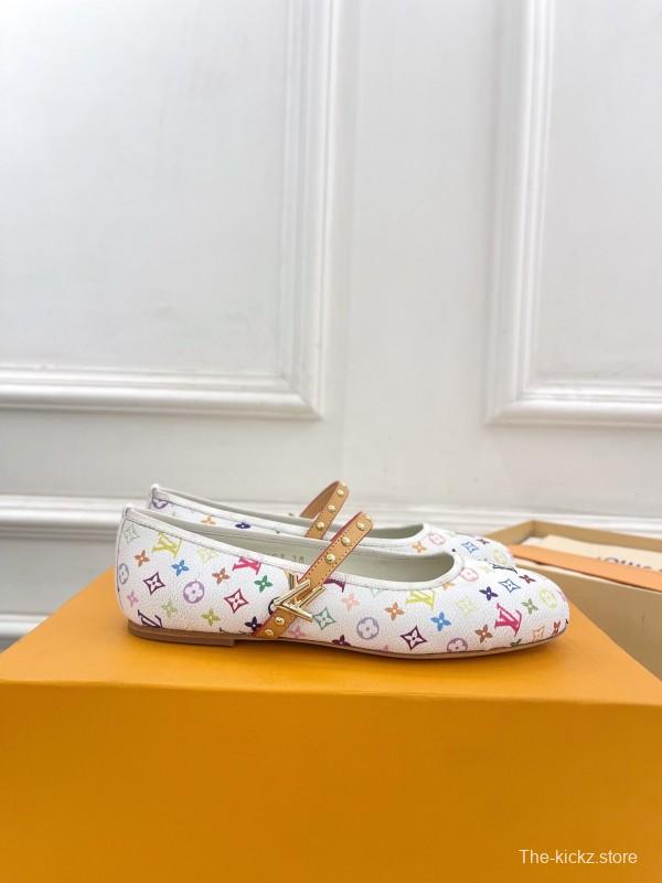 2025 Women Louis Vuitton White Multicolor Leather Ballet Flats KFY00300