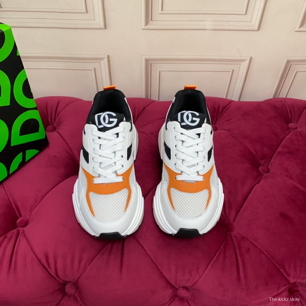 2025 Unisex Dolce & Gabbana White Black Orange Leather Lycra Sneakers LY00330(F)/LY00340(M)