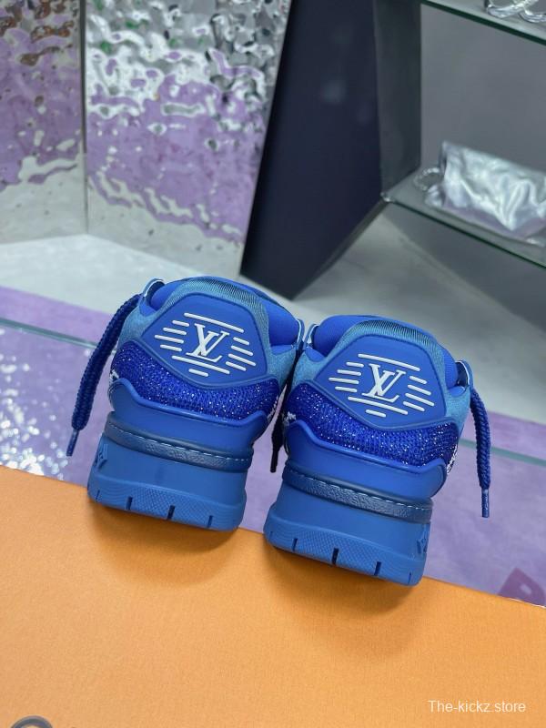 2024 Unisex Louis Vuitton Blue Rhinestone Trainer Sneakers Heat Pressing MJ00430