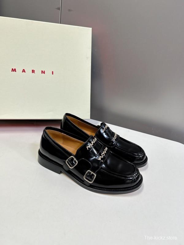 2025 Women Marni Black Leather Loafers KFY00320