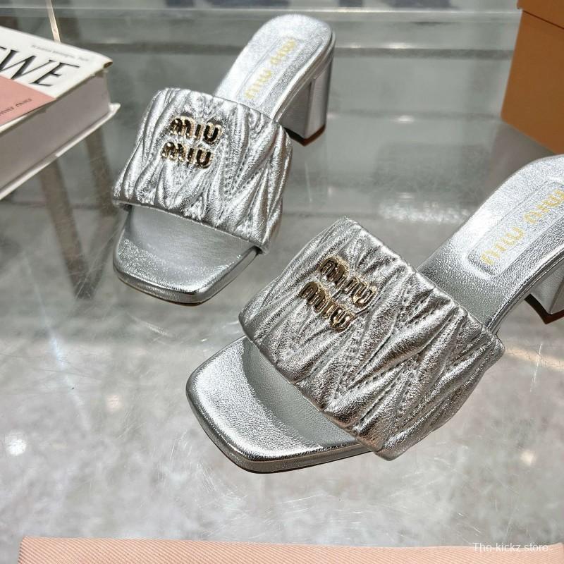 2025 Women Miu Miu Silver Leather High Heel Sandals