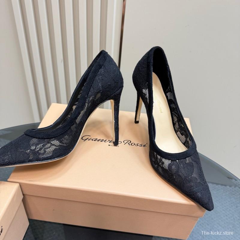 2025 Women Gianvito Rossi Black Lace Leather High Heel KFY00280