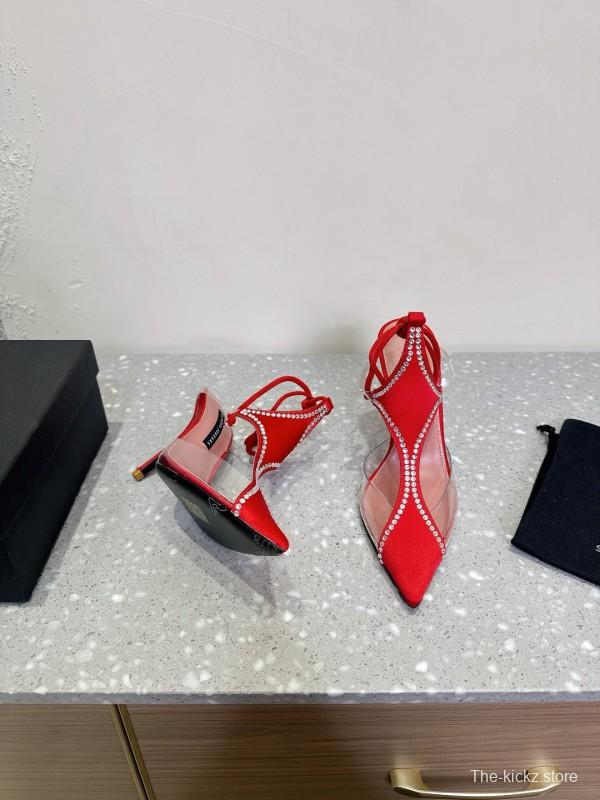 2025 Women Les Petits Joueurs Red Satin Leather High Heels KFY00290