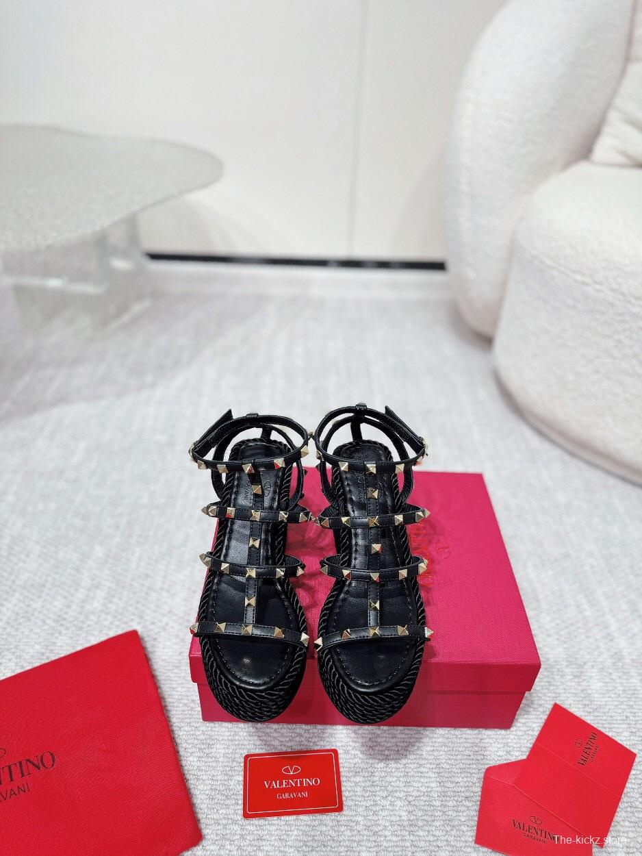 2025 Women Valentino Black Leather Studded Wedge Sandals