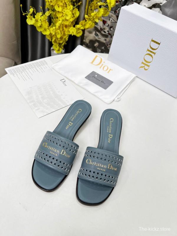 2025 Women Dior Blue Leather Slide Sandals LY00210