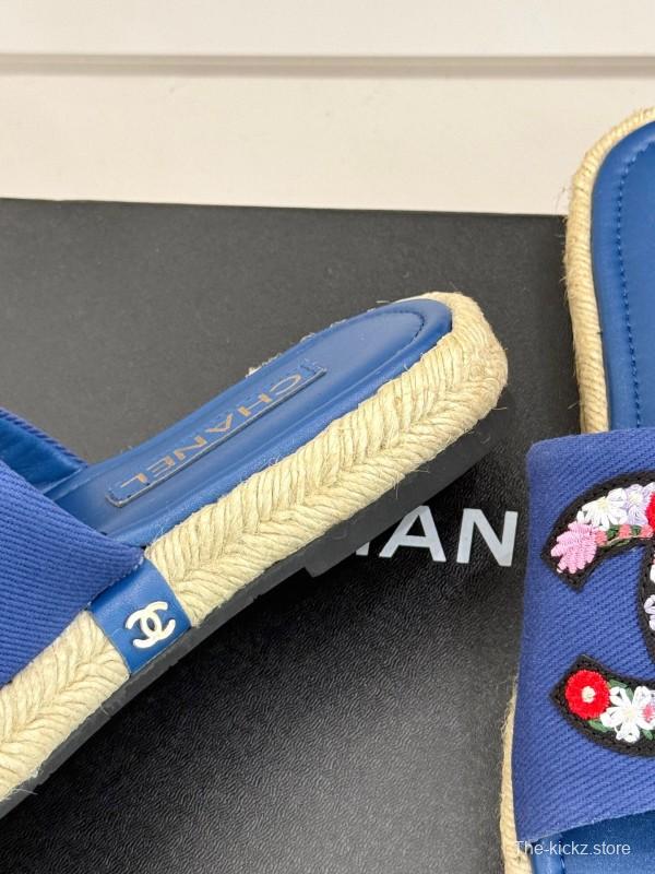 2025 CHANEL Blue Canvas Slippers Embroidered KFY00230