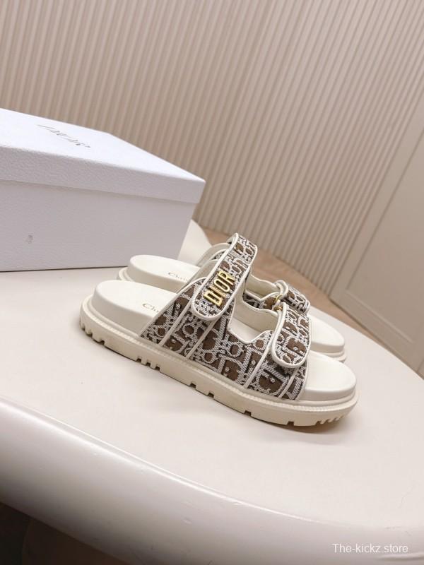2025 Women Dior Brown Beige Canvas Leather Sandals LY