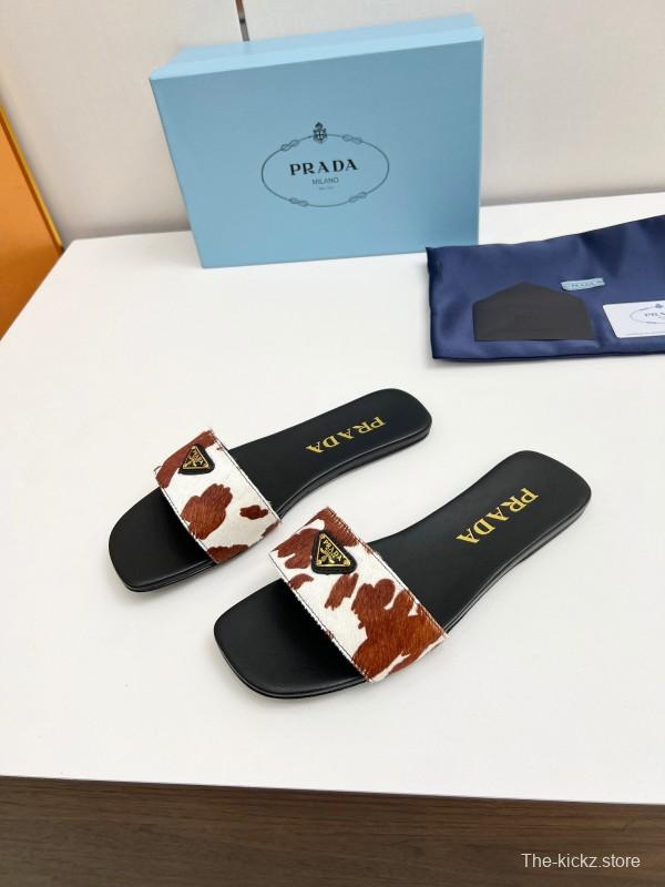 2025 Women Prada Brown White Calf Hair Leather Slippers LY00220