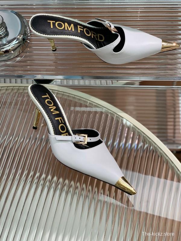 2025 Women TOM FORD White Gold Leather Pointed Toe Mules