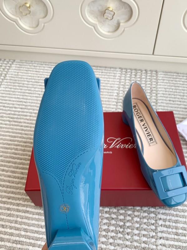 2025 Women Roger Vivier Blue Patent Leather Ballet Flat Square Buckle KFY00310
