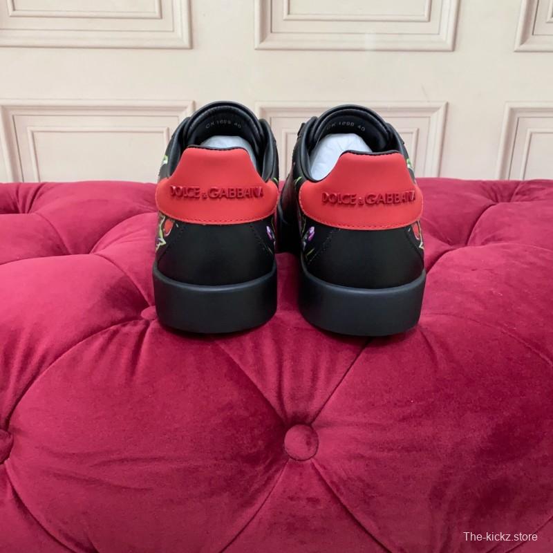 2025 Women Dolce & Gabbana Black Red Leather Sneakers Floral LY00300