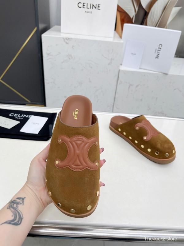 2025 Slippers Celine Brown Pink Suede Leather Studded LY00240
