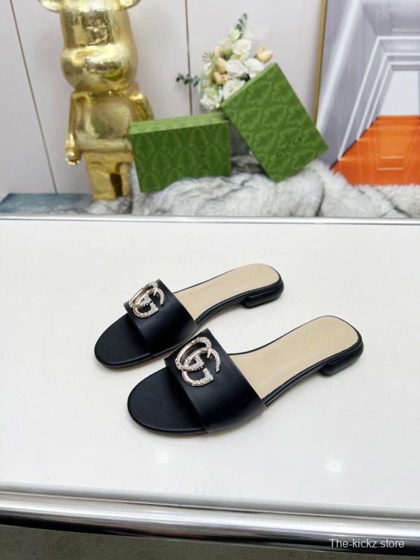 2025 Gucci Black Leather Slippers Double G Buckle MJ00190