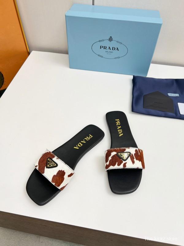 2025 Women Prada Brown White Calf Hair Leather Slippers LY00220