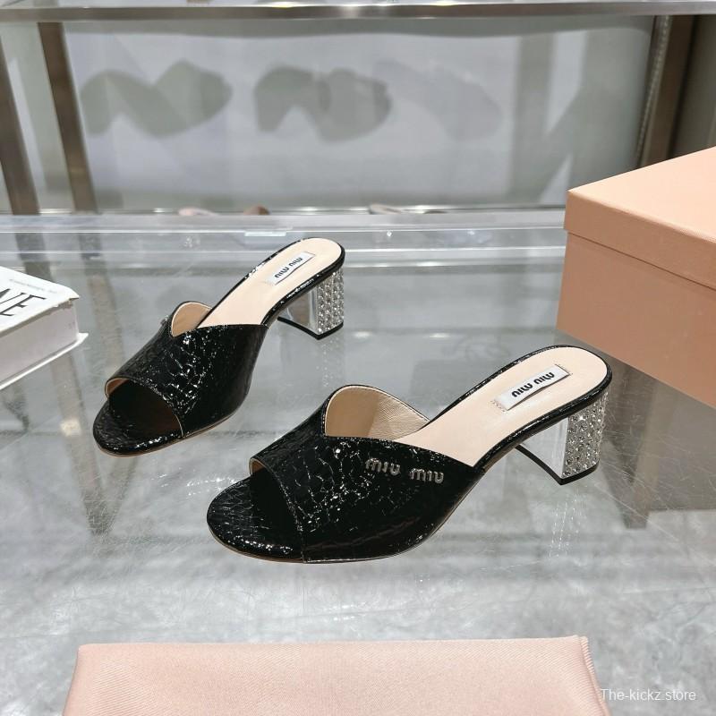 2025 Women Miu Miu Black Patent Leather Heeled Sandals