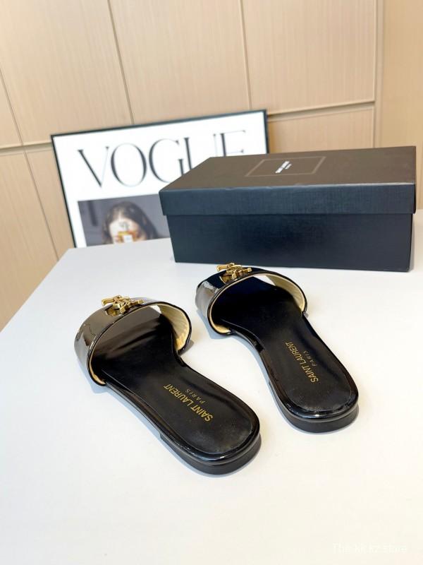 2025 Women Yves Saint Laurent Black Patent Leather Slide Sandals