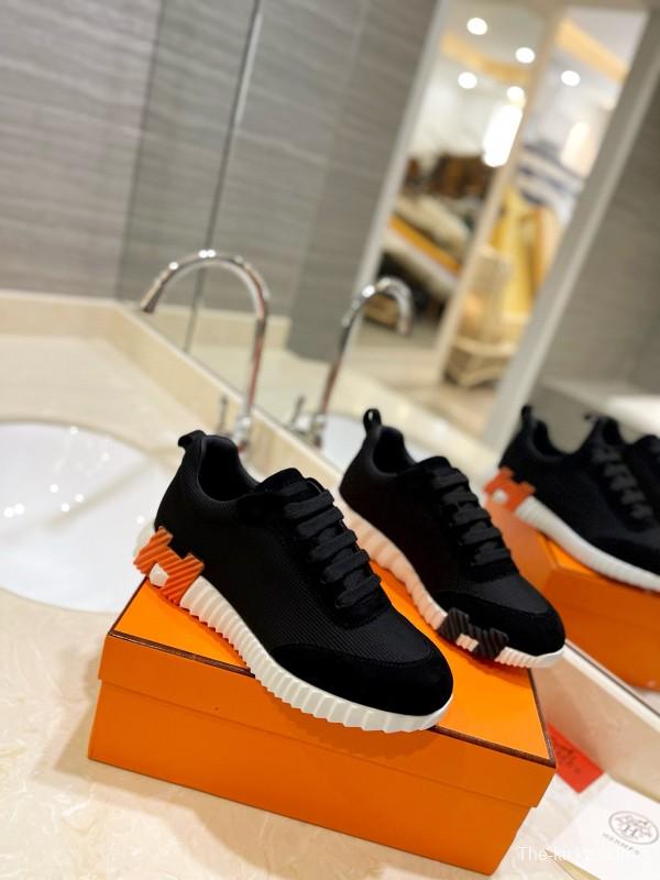 2024 Unisex Hermès Black Imported Silk Glazed Calf Suede Synthetic Fabric Sneakers MJ00320