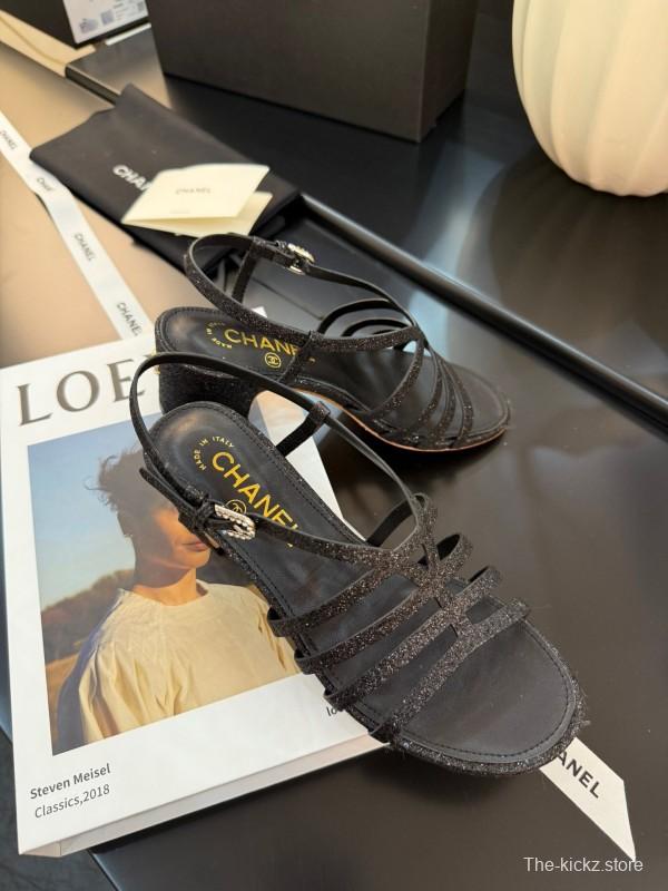 2025 Women Chanel Black Leather Sandals KFY00289