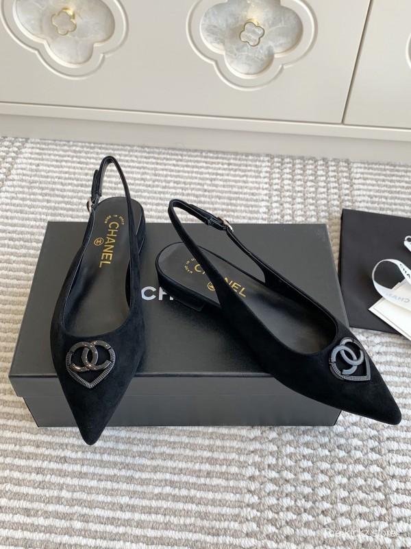 2025 Women Chanel Black Suede Slingback Heart Logo Flats KFY00300