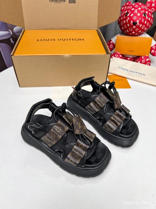 2025 Women Louis Vuitton Black Brown Canvas Leather Sandals LY00310