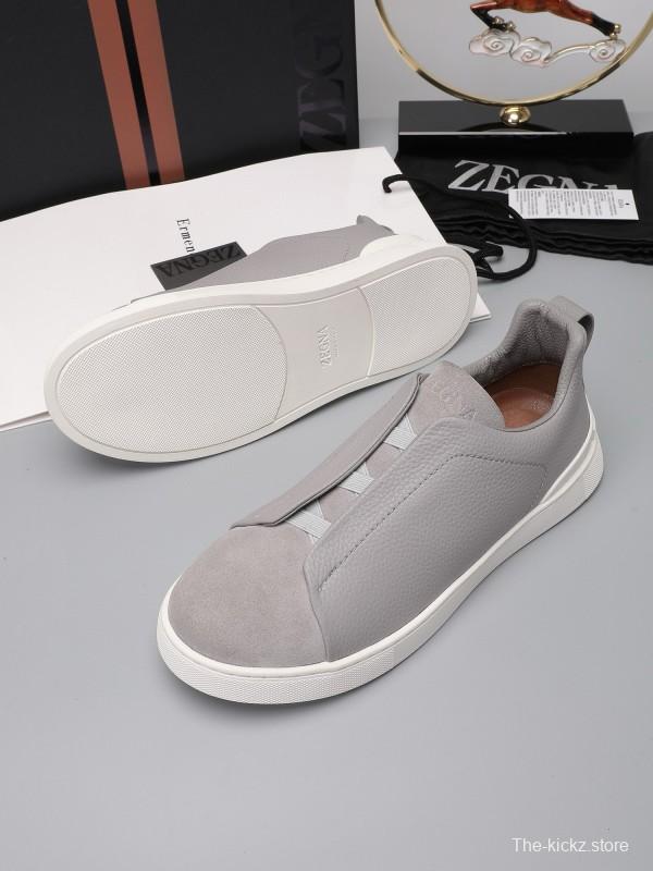 2024 Men Ermenegildo Zegna Light Grey Leather Suede Low Top Sneakers MJ00240