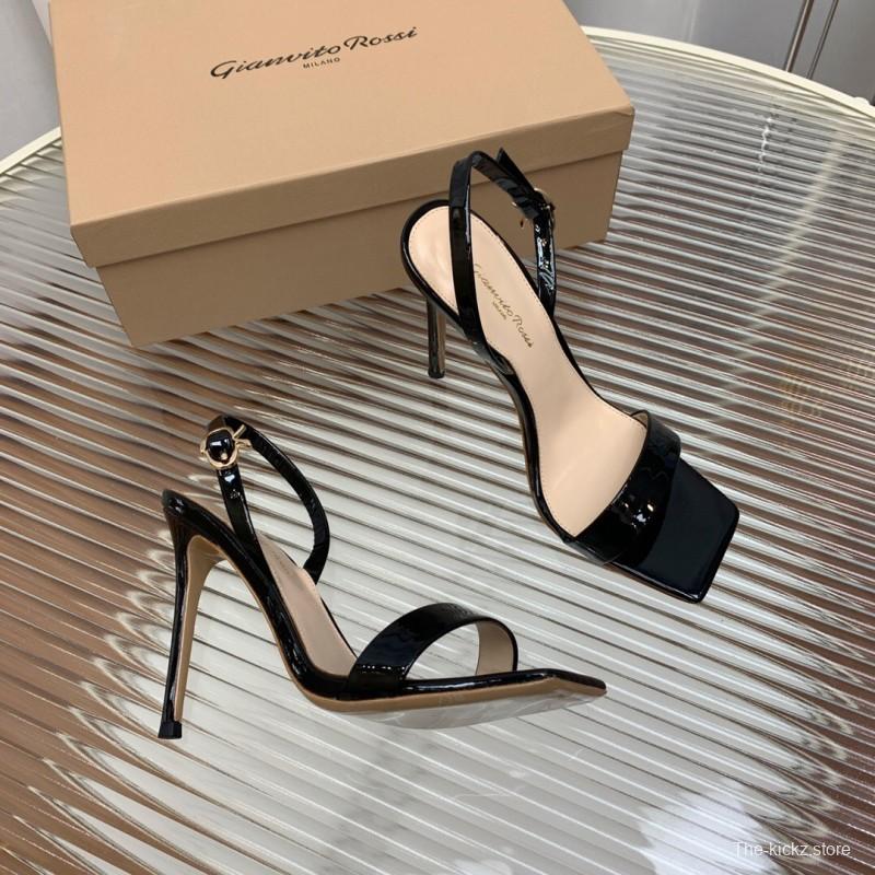 2025 Women Gianvito Rossi Black Patent Leather Slingback Sandals